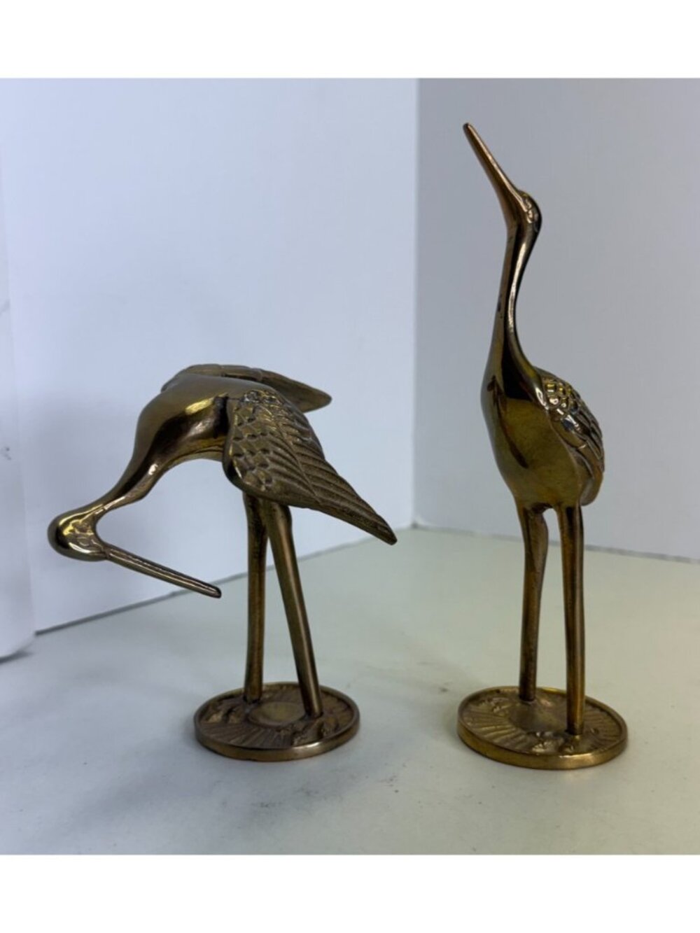 Vintage Brass Bird Pair of 2 Crane Heron Stork Large Figurines 7.5” & 4.5”
